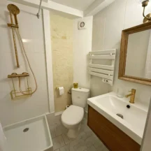 Salle de bain avec douche et robinetterie dorée – Les Hirondelles, Villeneuve-lès-Avignon